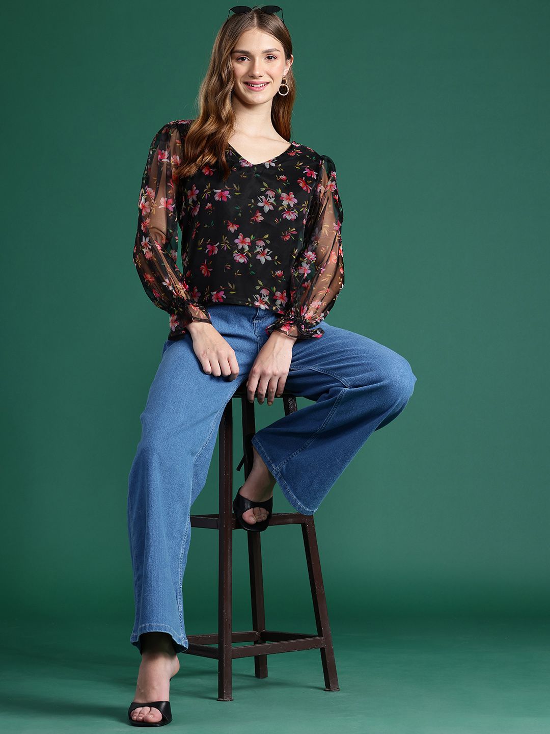 DressBerry Floral Print Puff Sleeves Top