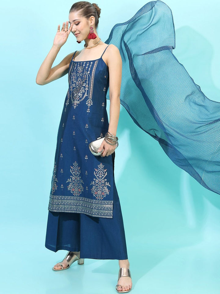 Vishudh Women Teal Ethnic Motifs Printed Kurta with Palazzos & With Dupatta