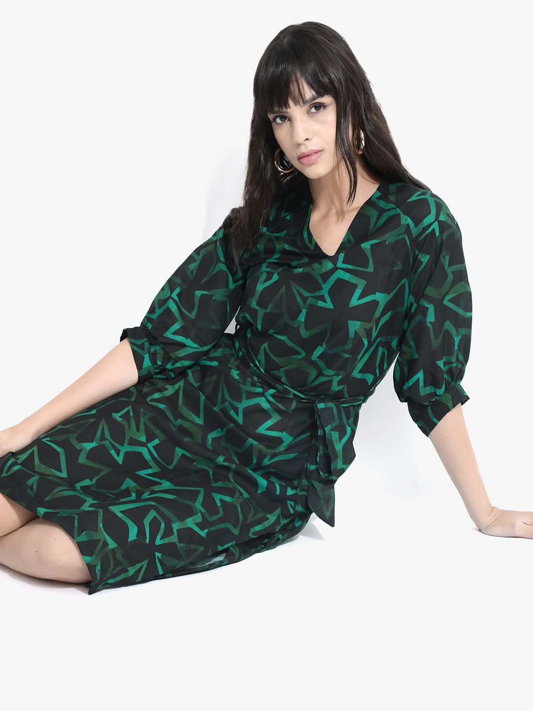 RAREISM Abstract Print Linen A-Line Midi Dress