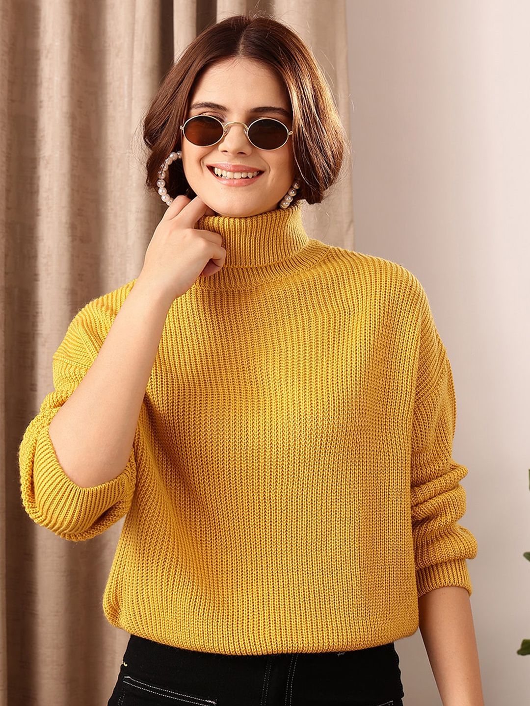 STREET 9 Self Design High Neck Long Sleeve Acrylic Cable Knit Pullover Sweaters