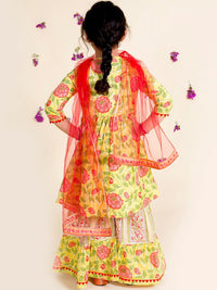pspeaches Girls Yellow Floral Printed Pleated Pure Cotton Kurta with Sharara & With Dupatta