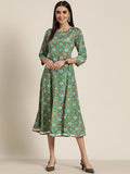 Shae by SASSAFRAS Green & White Ethnic Motifs Ethnic A-Line Midi Dress