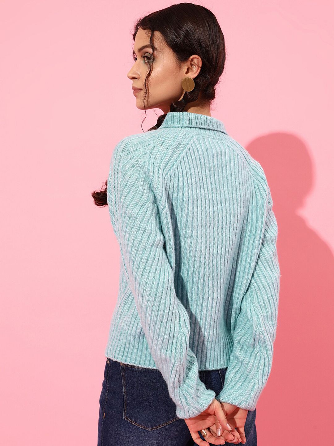 STREET 9 Women Turquoise Blue Striped Sweater