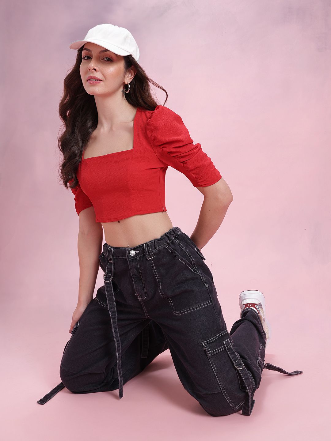 DressBerry Solid Pleated Puff Sleeve Crop Top