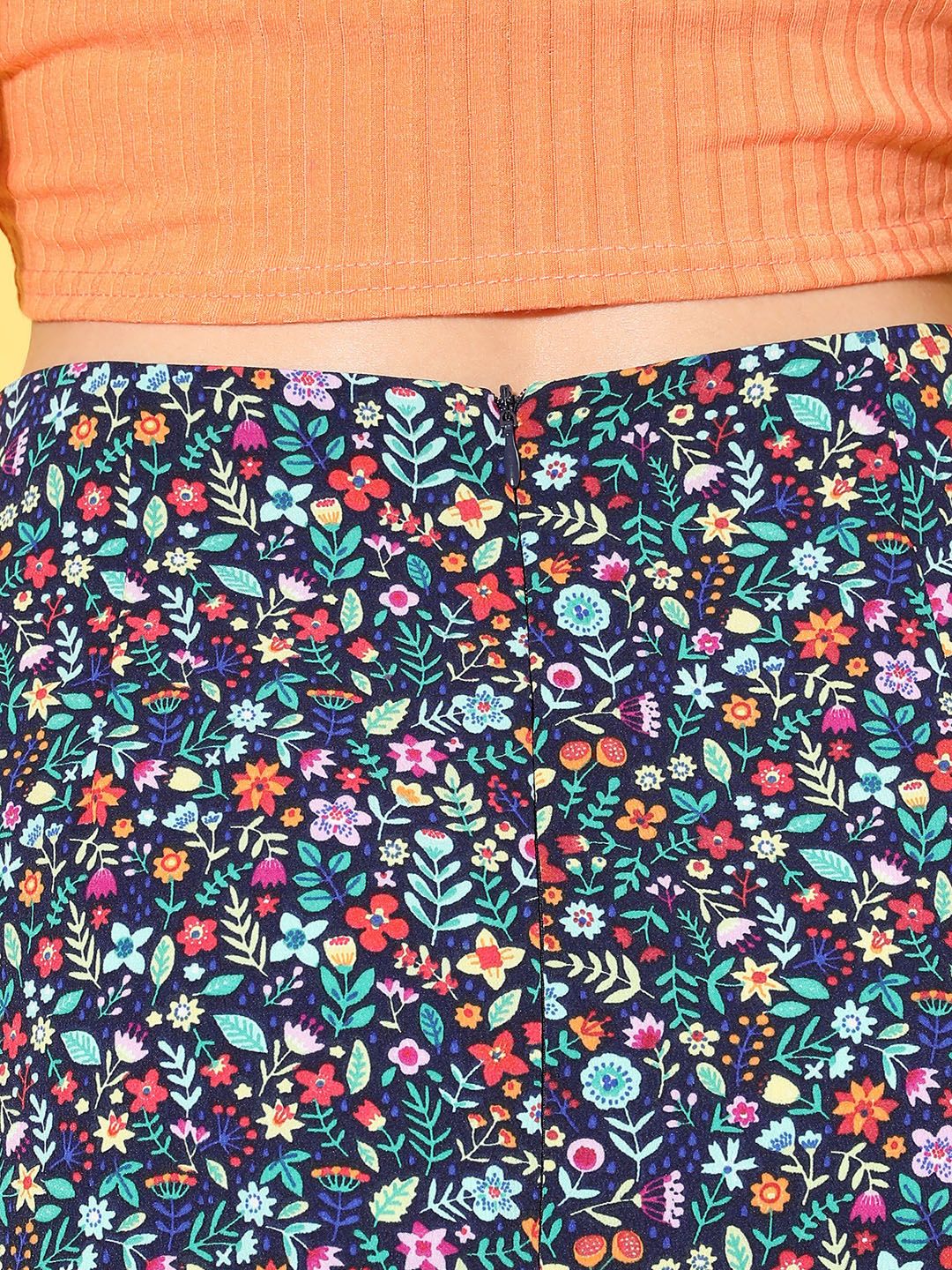 Berrylush Deep Navy Blue Floral Peekaboo Slit Skirt