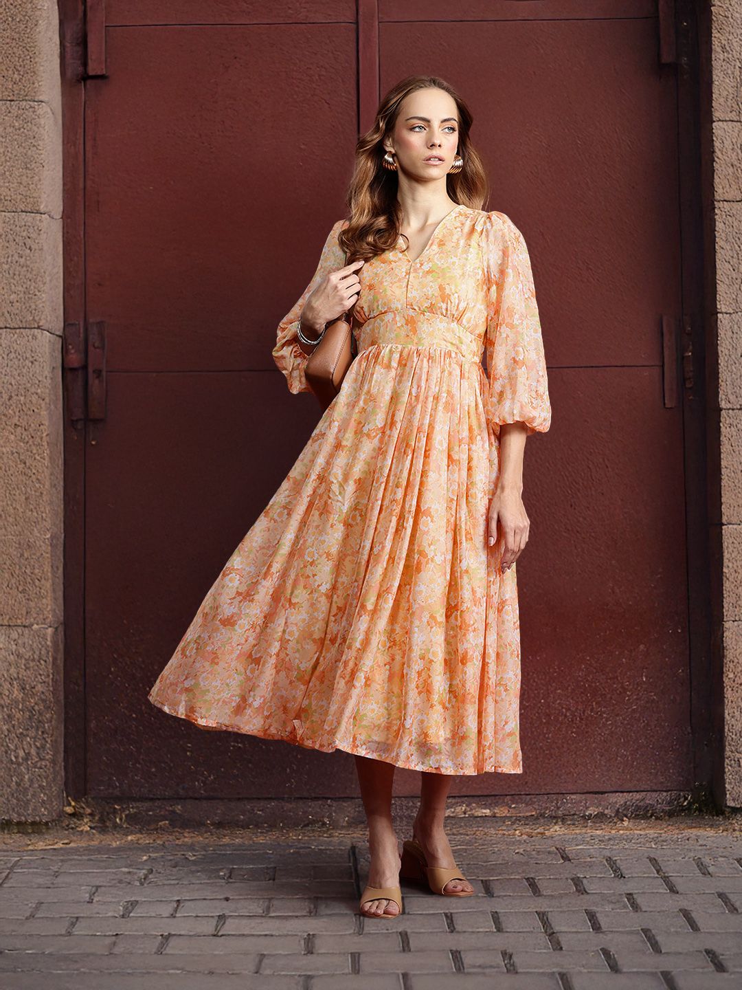 all about you Floral Print Puff Sleeve A-Line Midi Dress