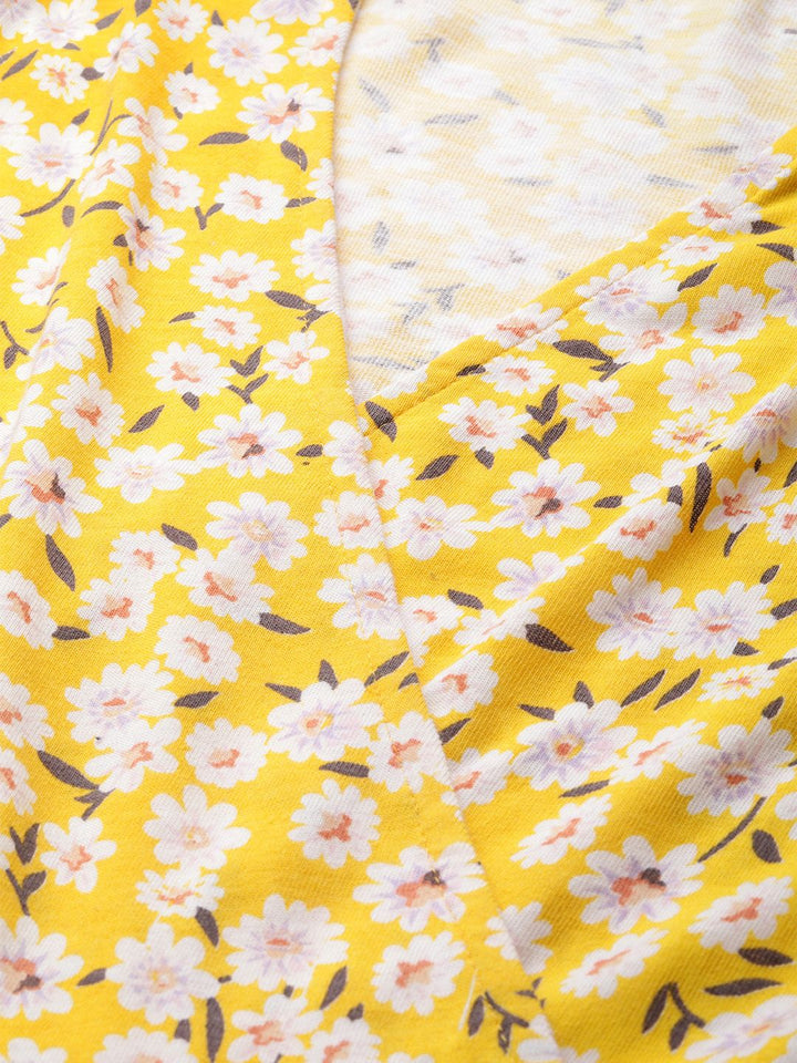 SASSAFRAS Yellow & Off-White Floral Printed Wrap Dress