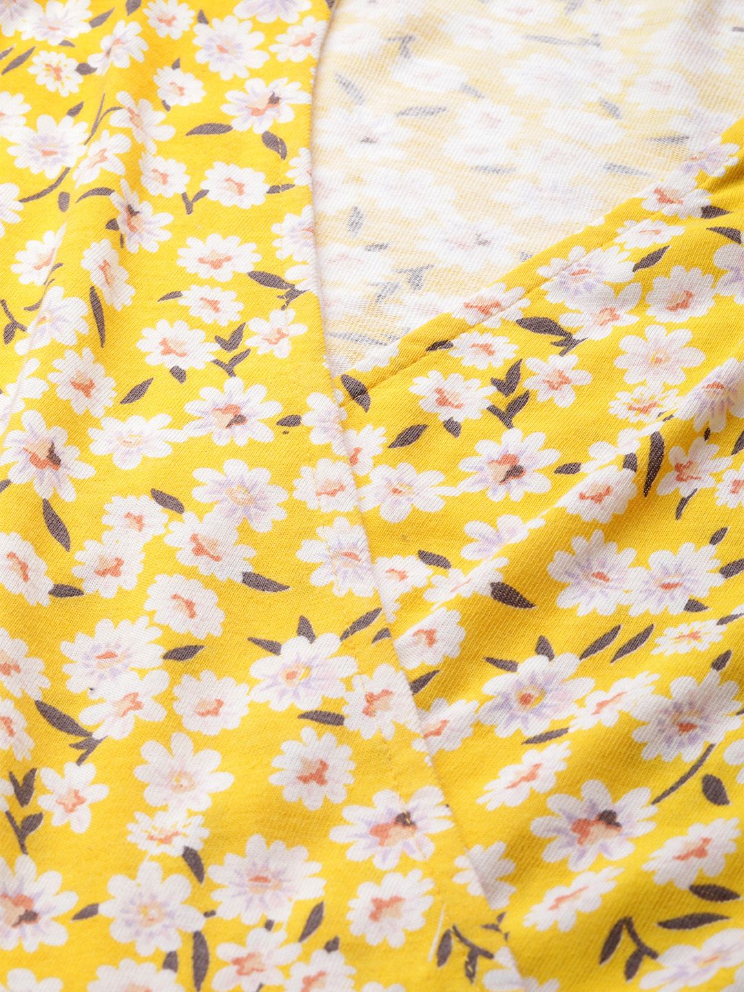 SASSAFRAS Yellow & Off-White Floral Printed Wrap Dress