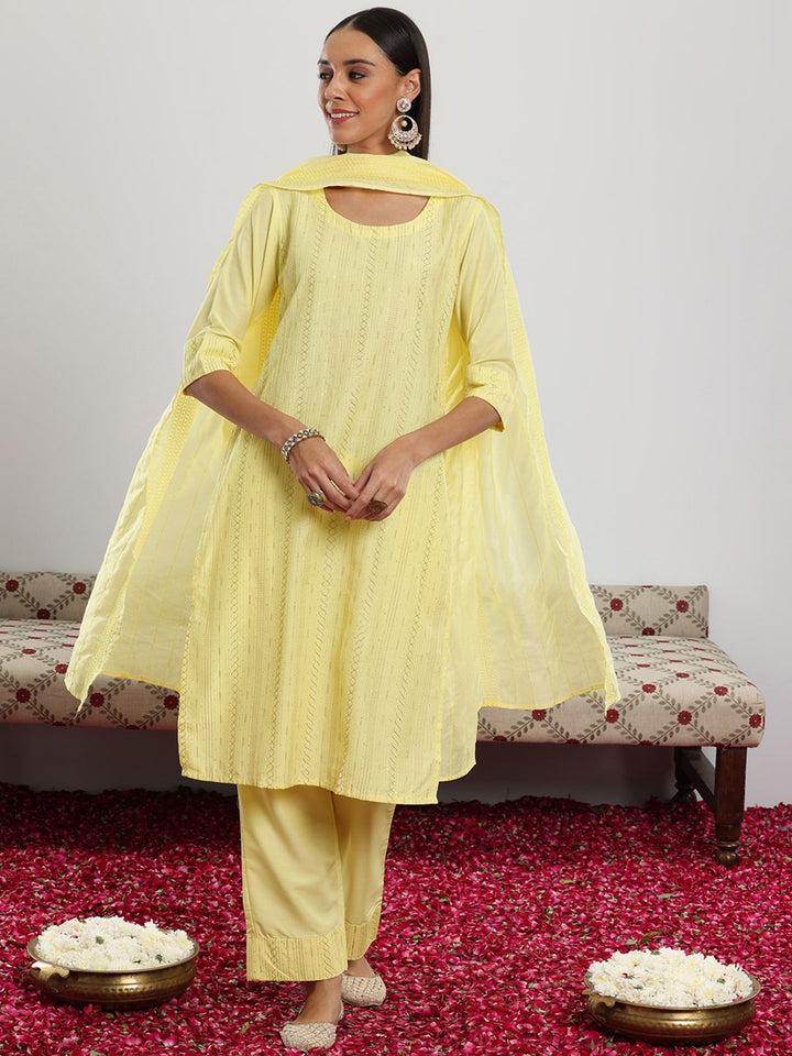 Libas Yellow Geometric Embroidered Sequinned Straight Kurta With Trousers & Dupatta