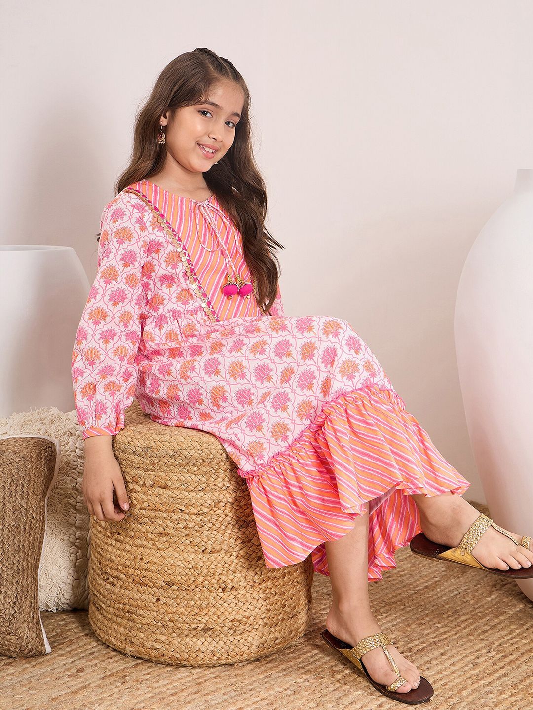 pspeaches Floral Printed Tie-Up Neck Cotton Fit & Flare Midi Dress