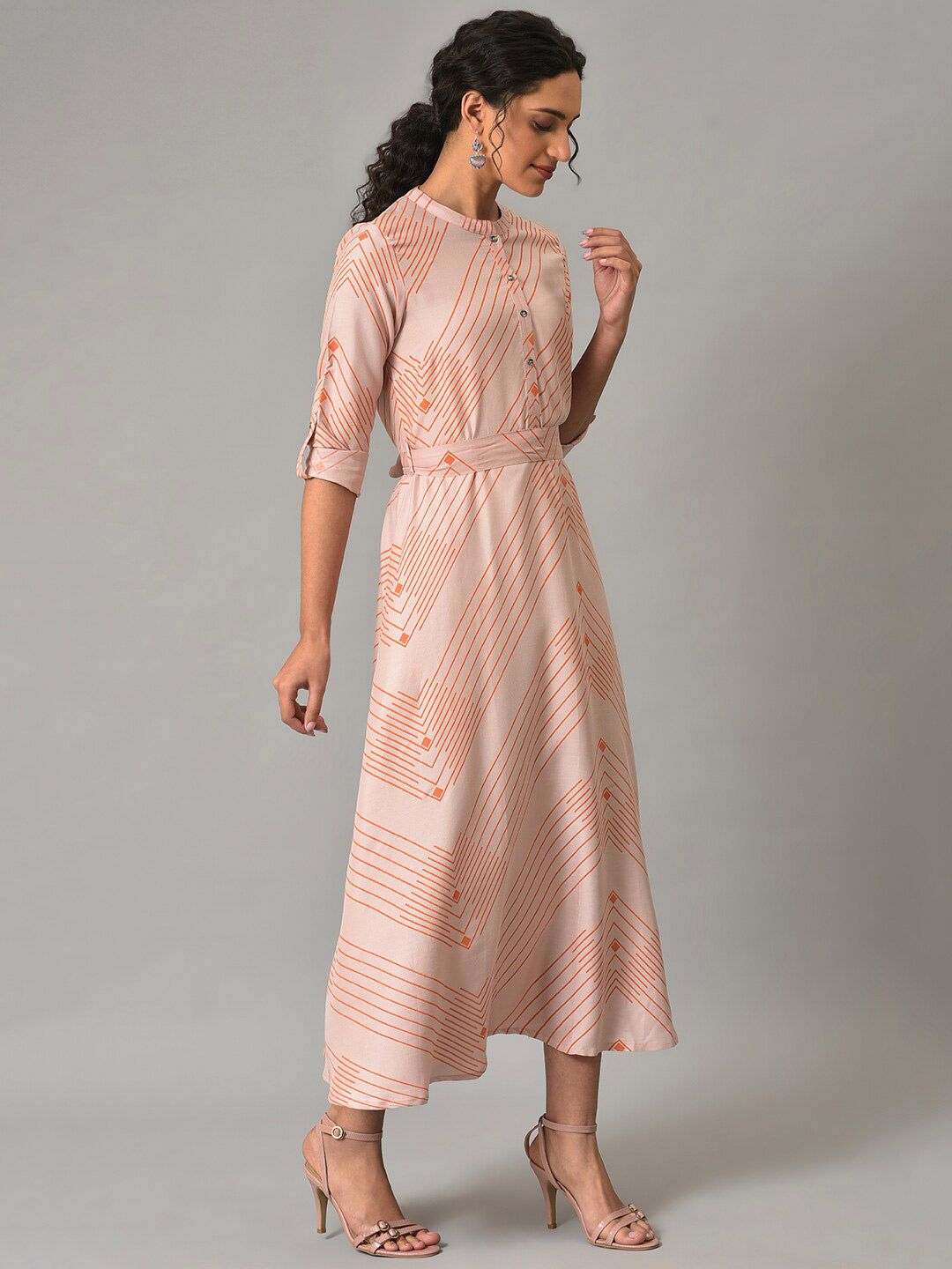 W Mandarin Collar Striped A-Line Midi Dress