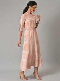 W Mandarin Collar Striped A-Line Midi Dress