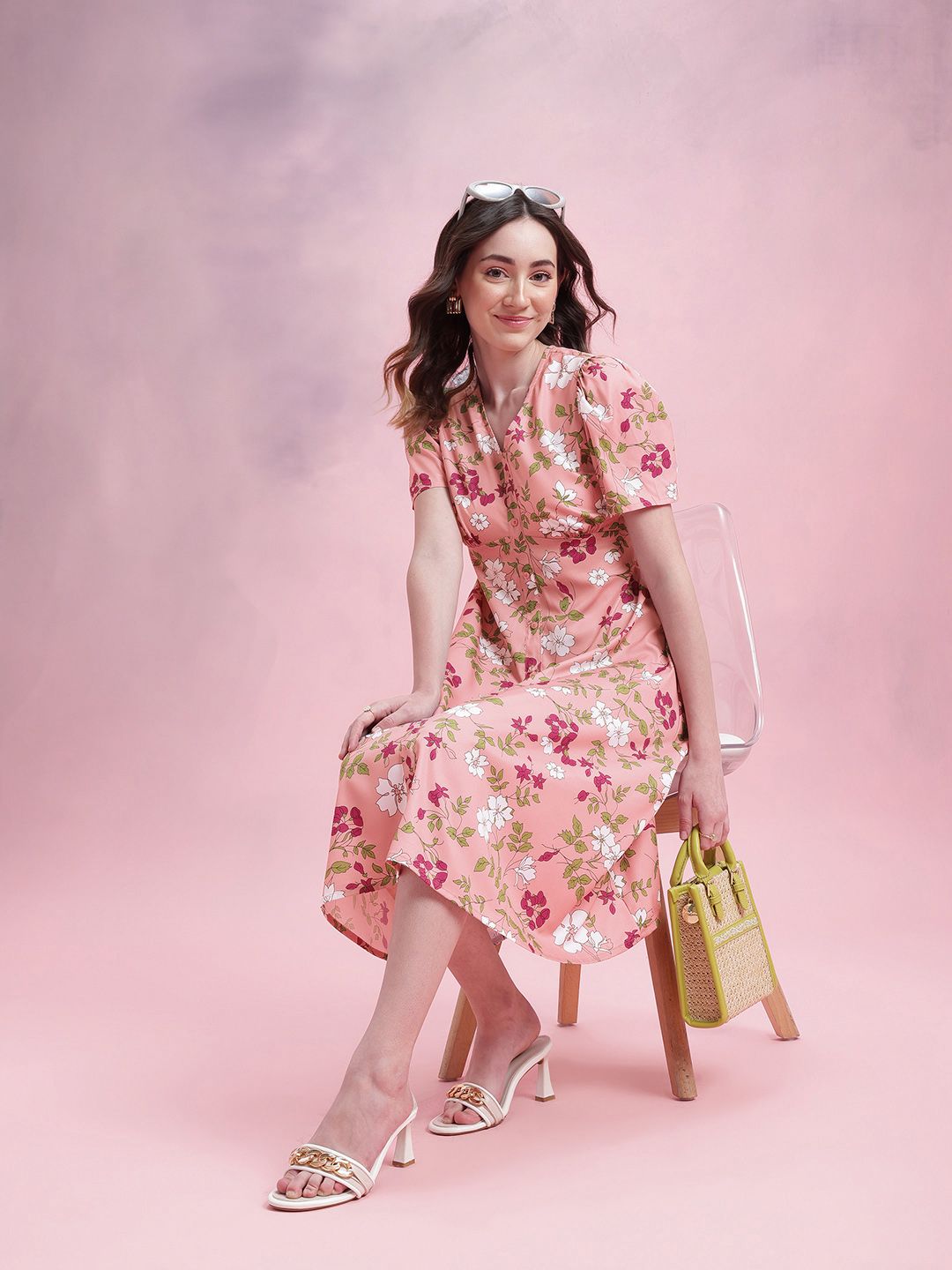 DressBerry Floral Print Puff Sleeves A-Line Midi Dress with Mock Buttons