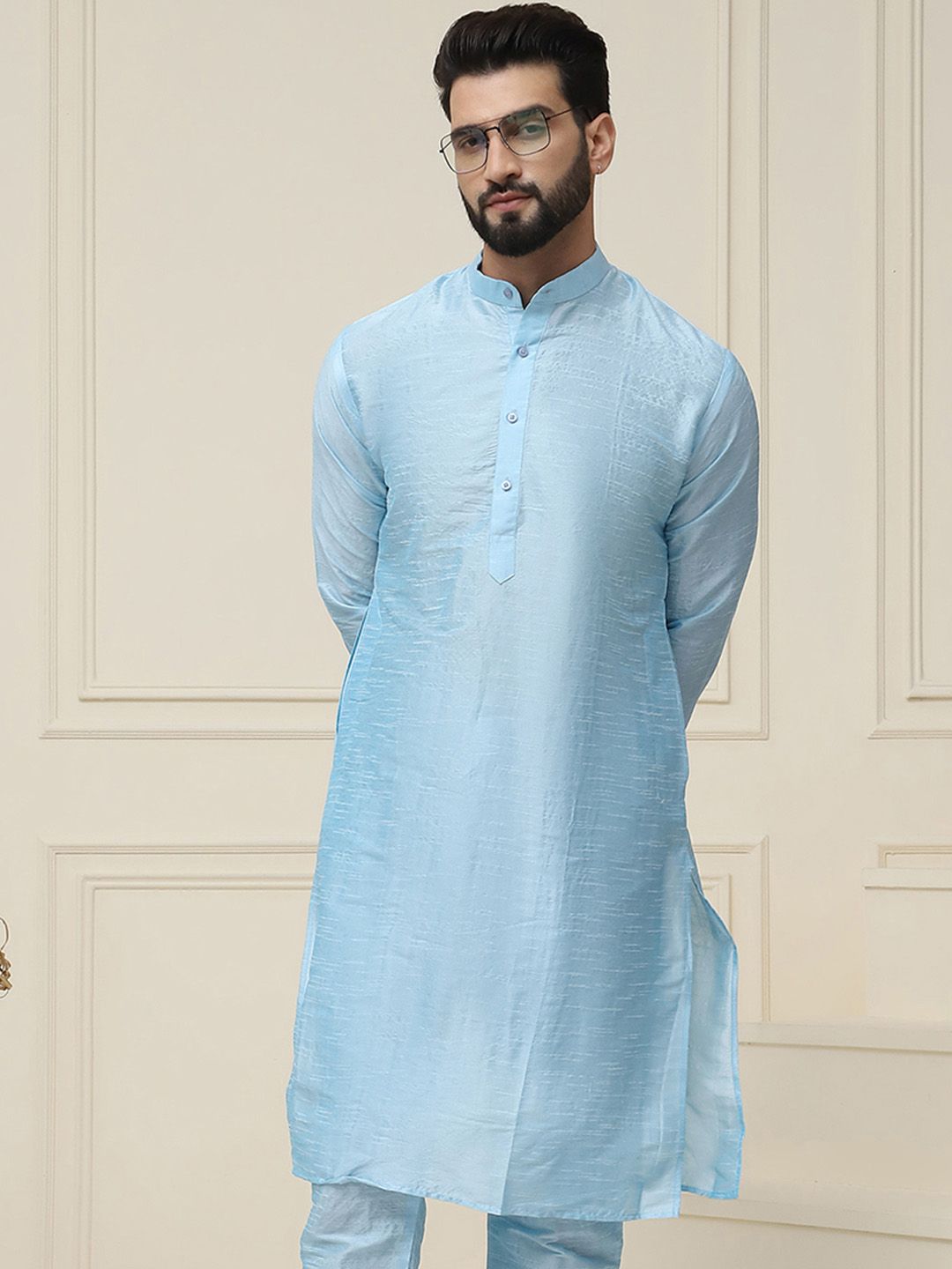 SOJANYA Band Collar Neck Long Sleeves Dupion Silk Straight Kurta