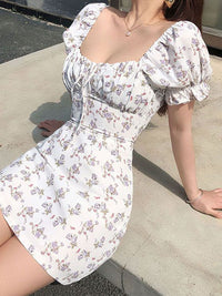 DressBerry Floral Print Tie-Up Neck Puff Sleeve Bodycon Dress