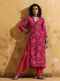 trueBrowns Floral Printed V-Neck High-Slit Muslin Silk Kurta With Trouser