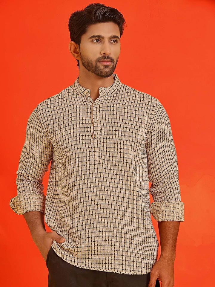 Jompers Checked Band Collar Long Roll-Up Sleeves Straight Kurta