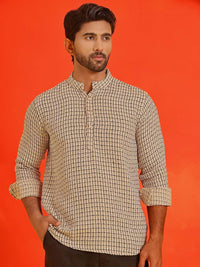 Jompers Checked Band Collar Long Roll-Up Sleeves Straight Kurta