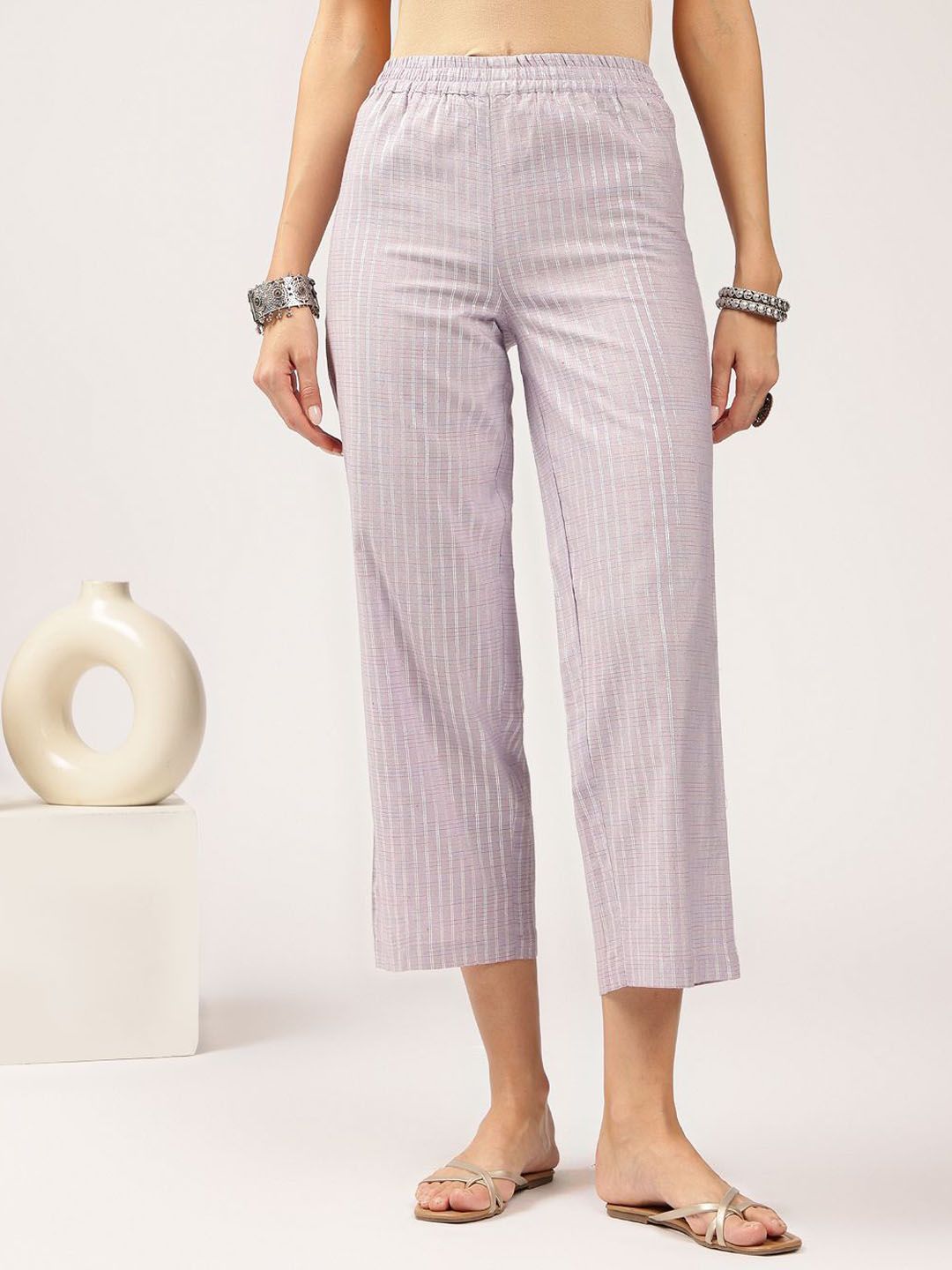 Anouk Lavender Striped Straight Kurta with Trousers