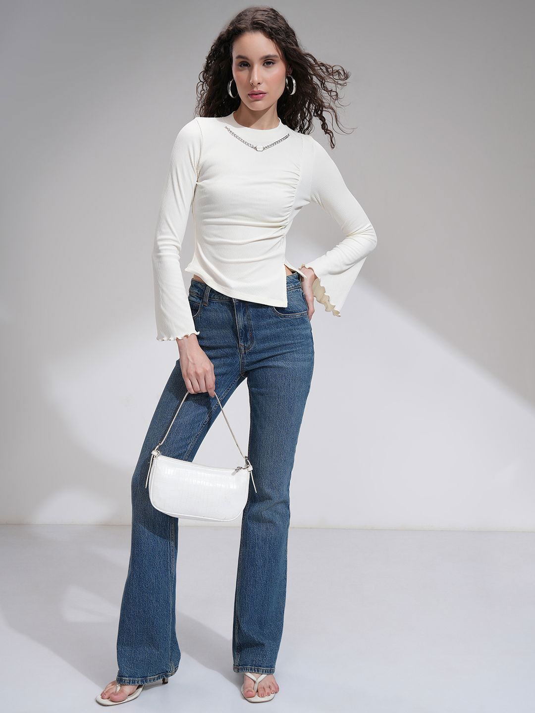 Tokyo Talkies Women Ribbed Mock Neck Bell Sleeve Fitted Top