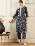 Indo Era Floral Printed Notched Neck Pure Cotton Straight Tunic With Trouser