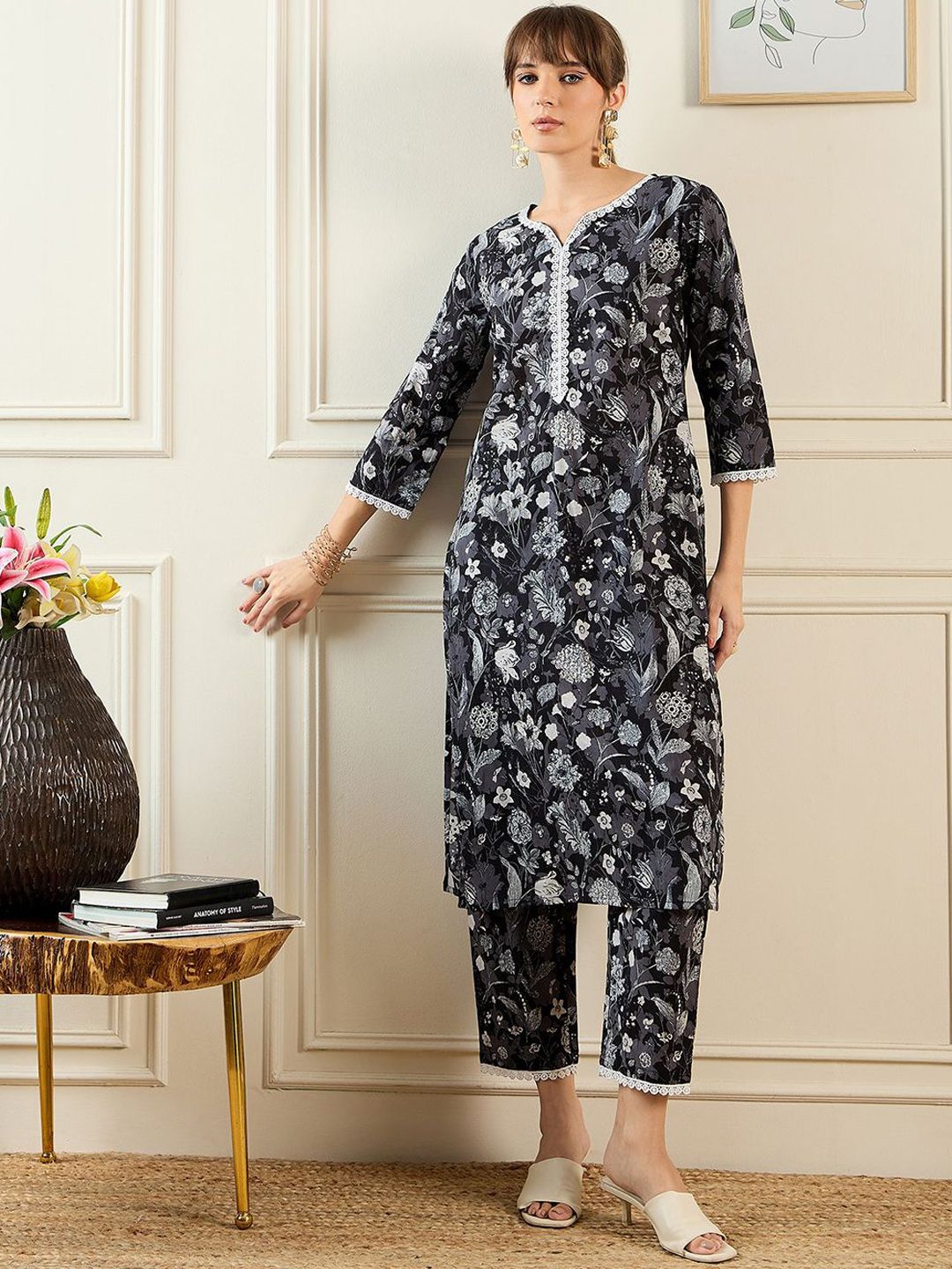 Indo Era Floral Printed Notched Neck Pure Cotton Straight Tunic With Trouser