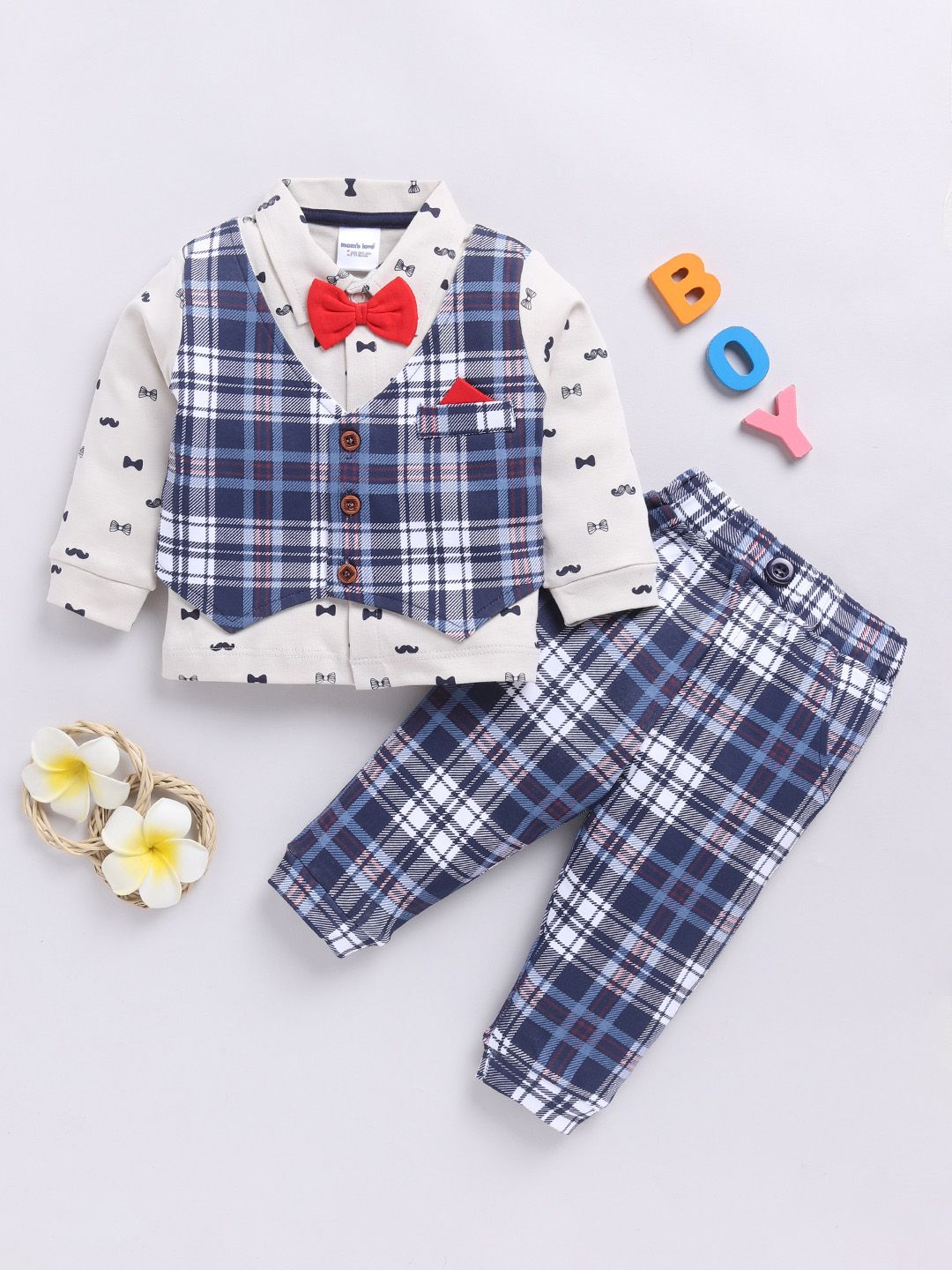 Moms Love Infant Boys Checked Pure Cotton Party Shirt & Trousers with Attached Waistcoat