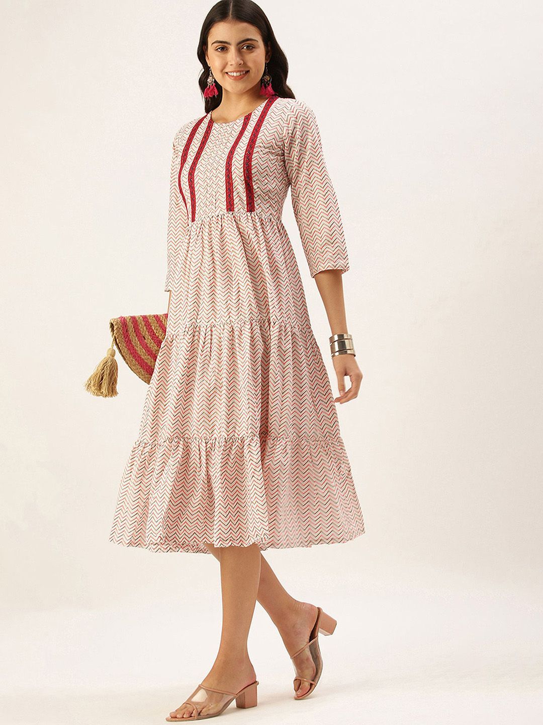 KALINI Chevron Printed Round Neck Midi Cotton Fit and Flare Dress