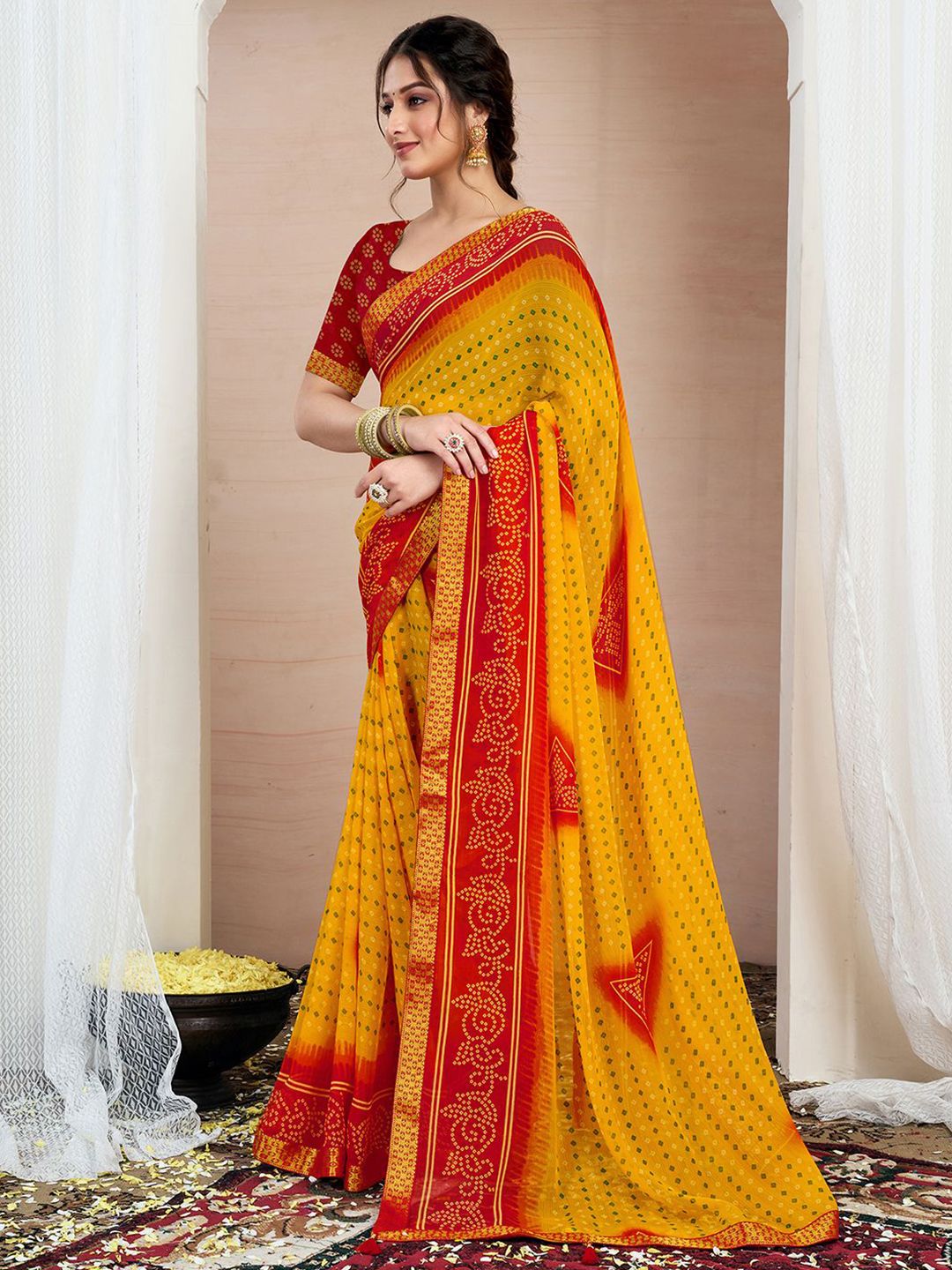 KALINI Bandhani Zari Pure Chiffon Bandhani Saree