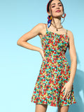 Berrylush Red & Green Floral Printed Crepe A-Line Dress