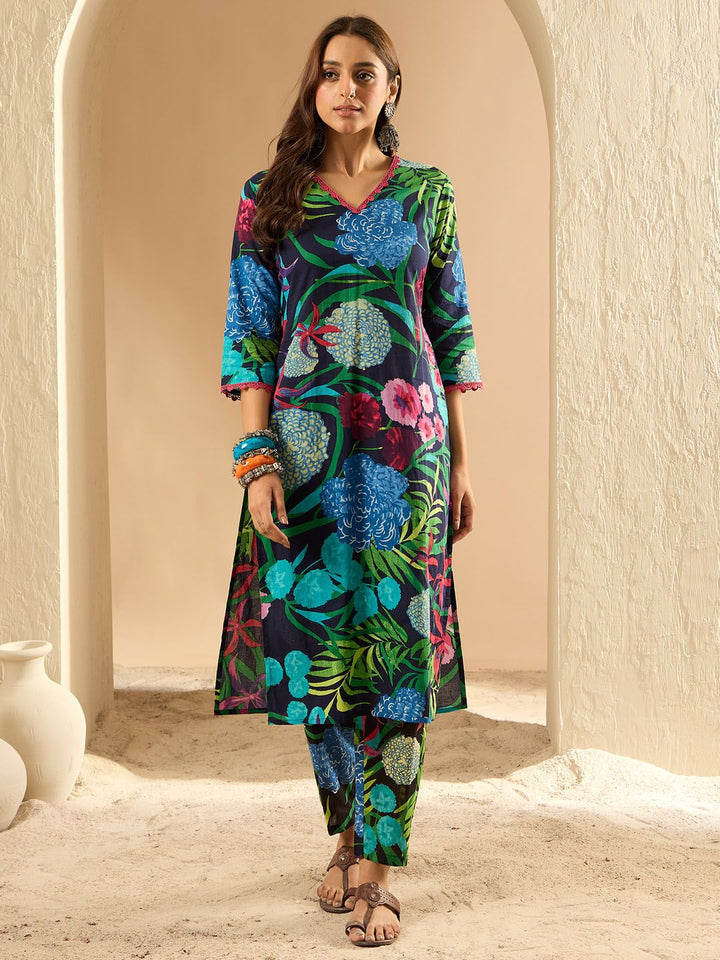 Indo Era Women Floral Printed Regular Pure Cotton Kurta with Trousers