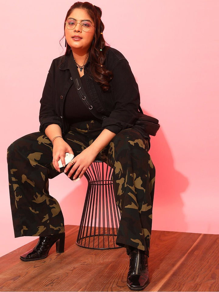 CURVY STREET Women Plus Size Olive Green Printed Relaxed Straight Leg Pure Cotton Trousers