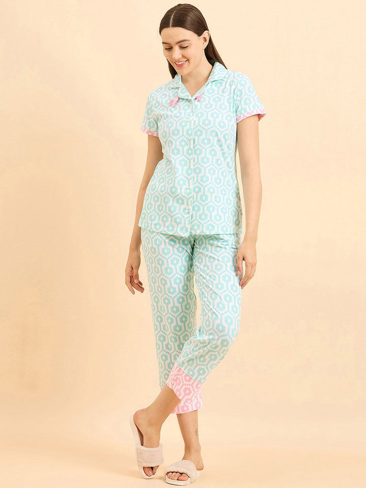 Sweet Dreams Geometric Printed Lapel Collar Night suit