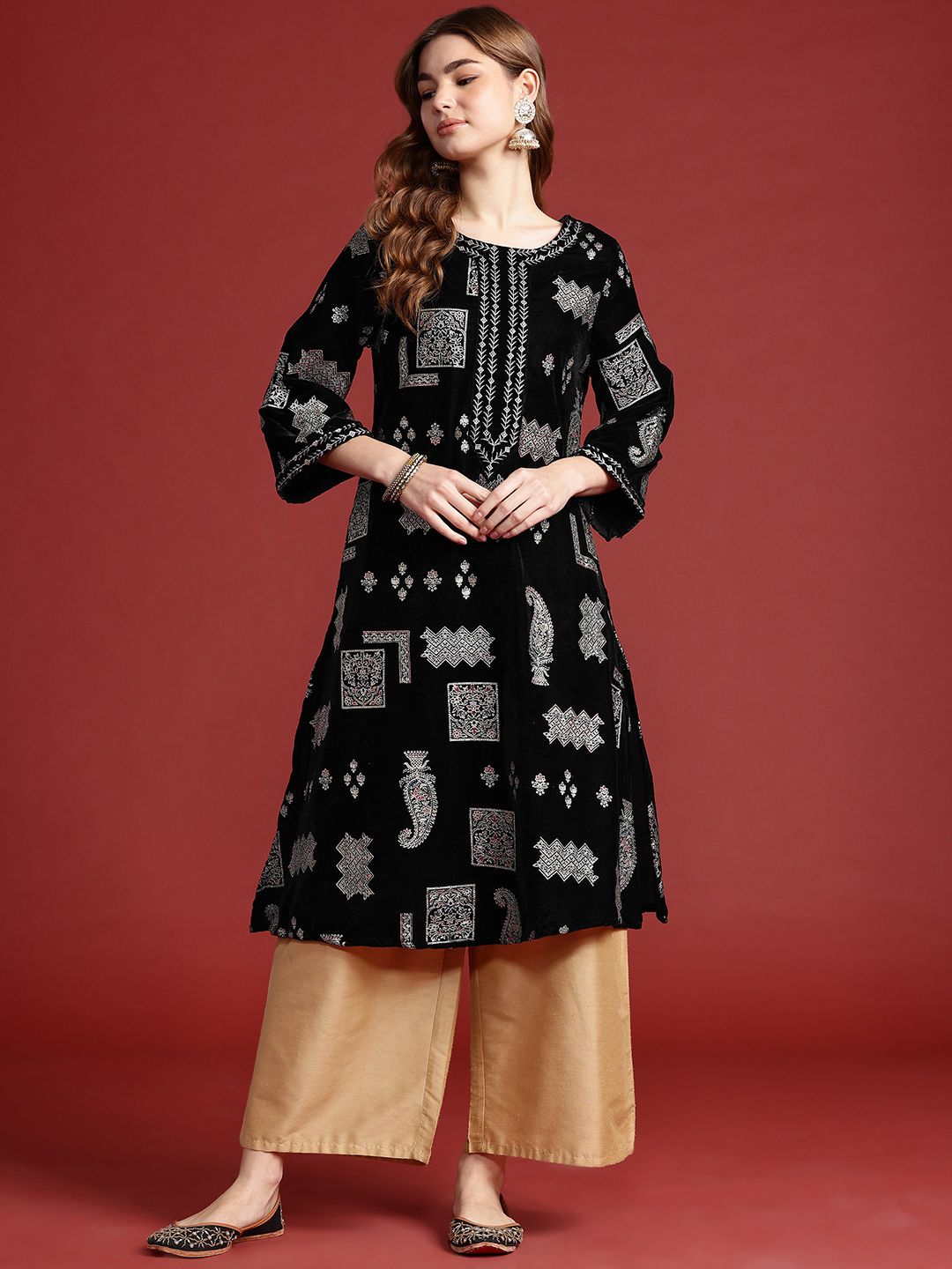 Anouk Women Tyohar Collection Ethnic Motifs Printed Thread Work Velvet Finish A-Line Kurta
