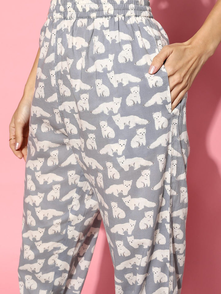 SANSKRUTIHOMES Women Grey & White Printed Pure Cotton Night Suit