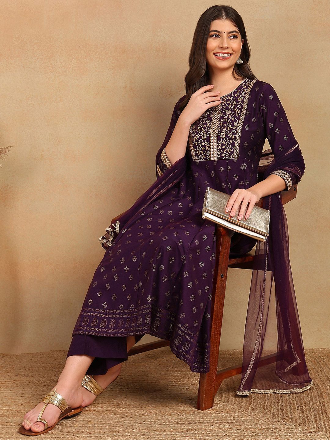 KALINI Ethnic Motifs Printed Anarkali Mirror Work Kurta With Trousers & Dupatta