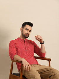 Anouk Men Coral Red Embroidered Mandarin Collar Short Kurta