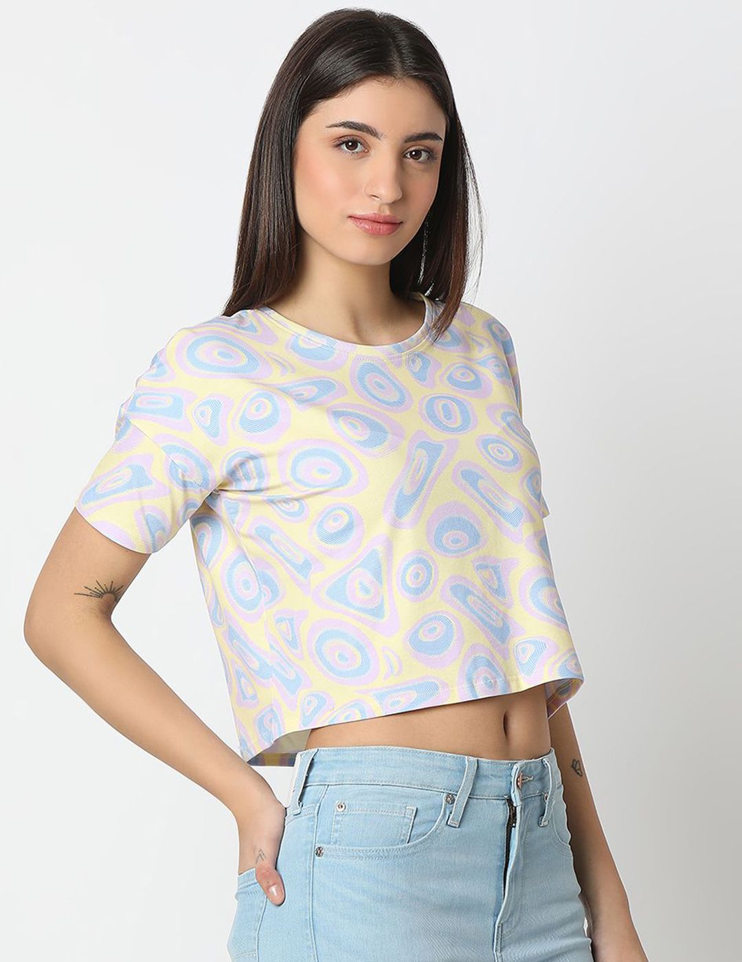 SPYKAR Women Abstract Printed Round Neck Cotton T-shirt