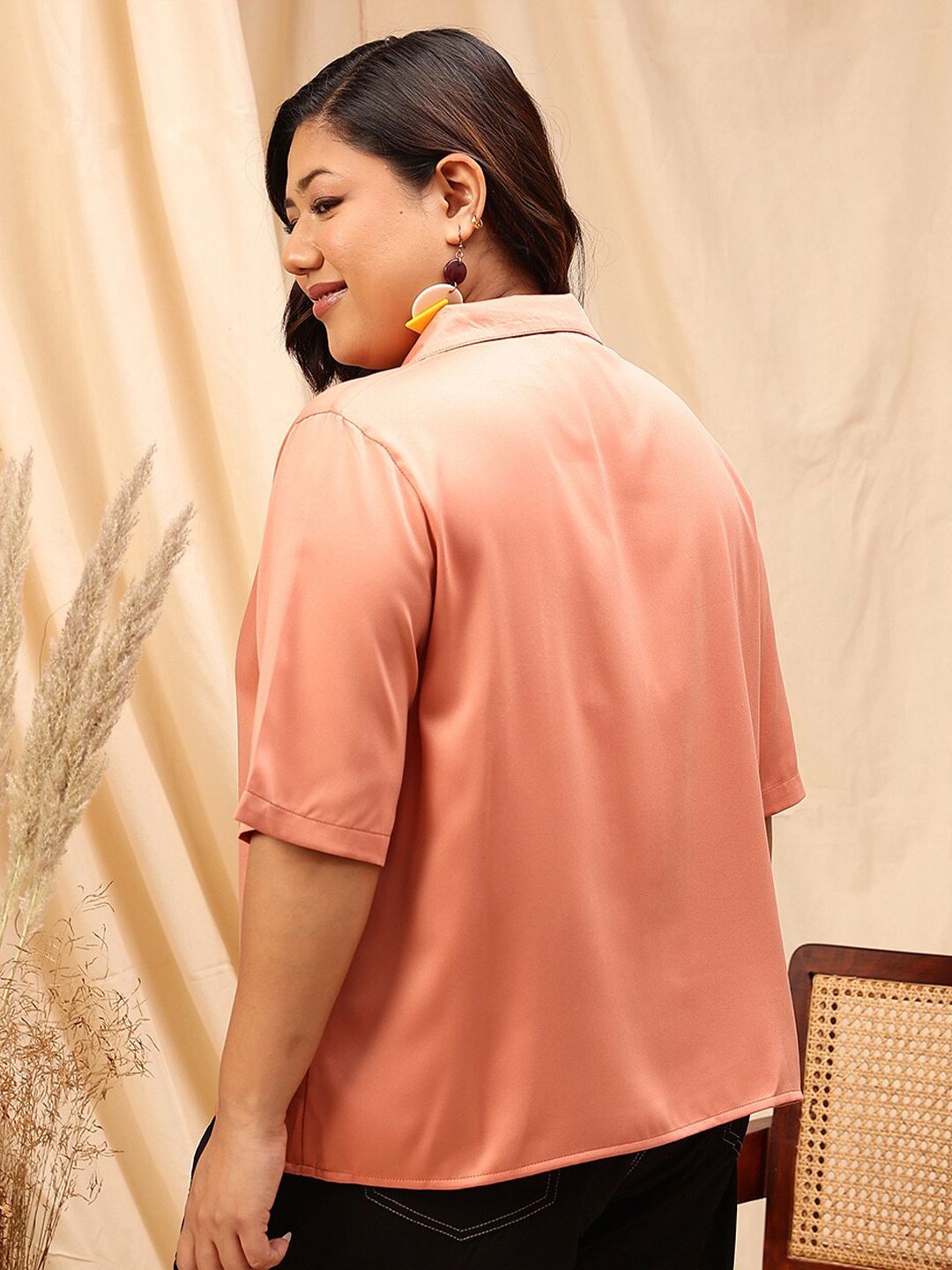 CURVY STREET Rust Comfort Satin Spread Collar Curved Casual Shirt
