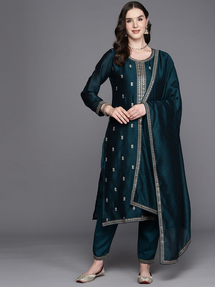 Indo Era Floral Embroidered Regular Sequinned Kurta with Trousers & Dupatta
