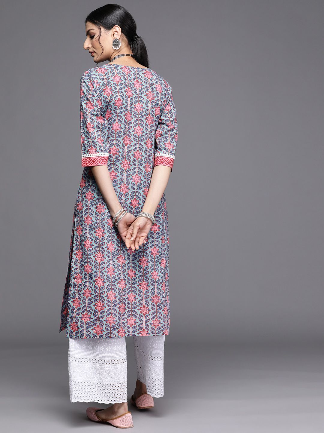 Libas Women Blue & Pink Floral Motifs Printed Kurta