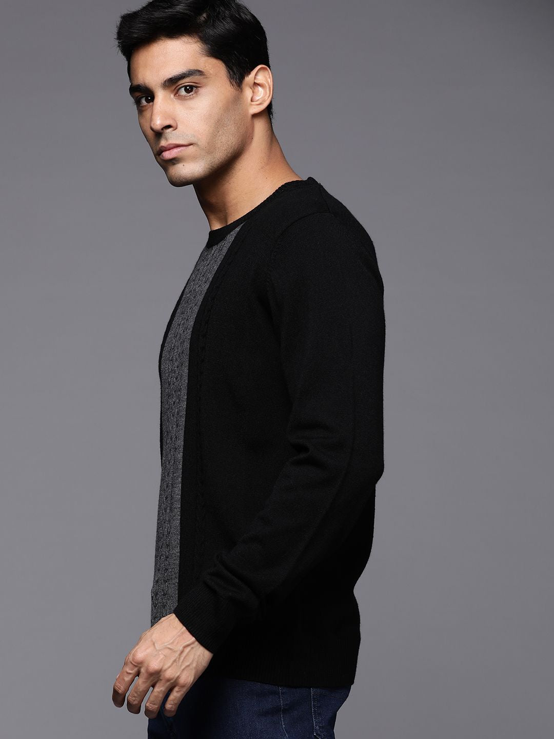 Raymond Men Black & Grey Colourblocked Pullover with Cable Knit Detail