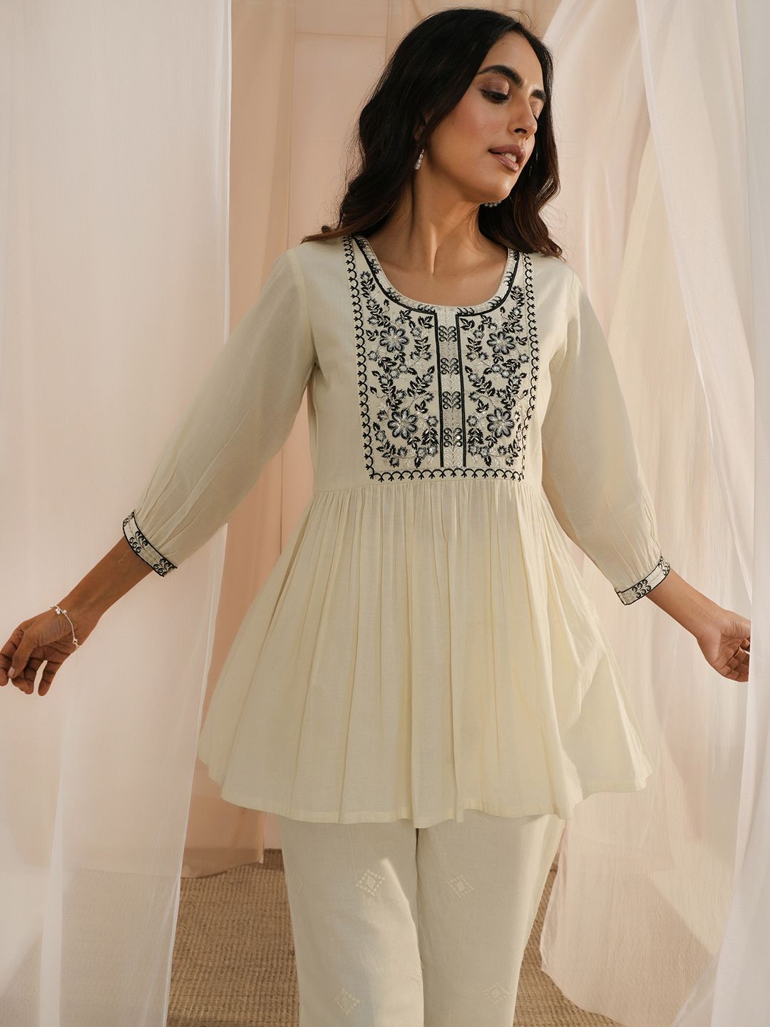 Libas Floral Yoke Design Sequinned Pure Cotton Pleated Kurti