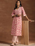 Libas Women Floral Printed Pleated Pure Cotton Kurta with Trousers