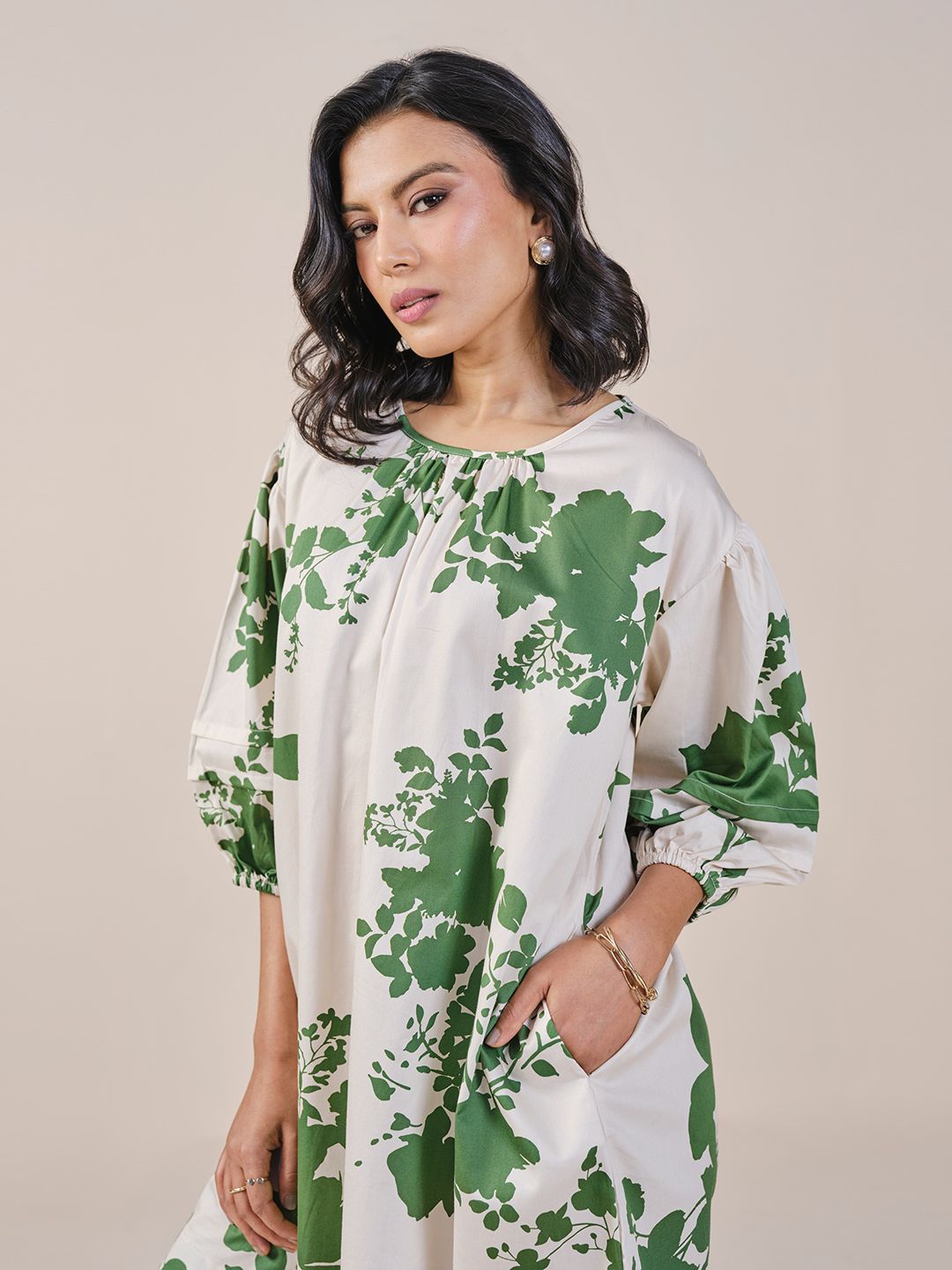 AND Floral Print Tie-Up Neck Puff Sleeve A-Line Dress