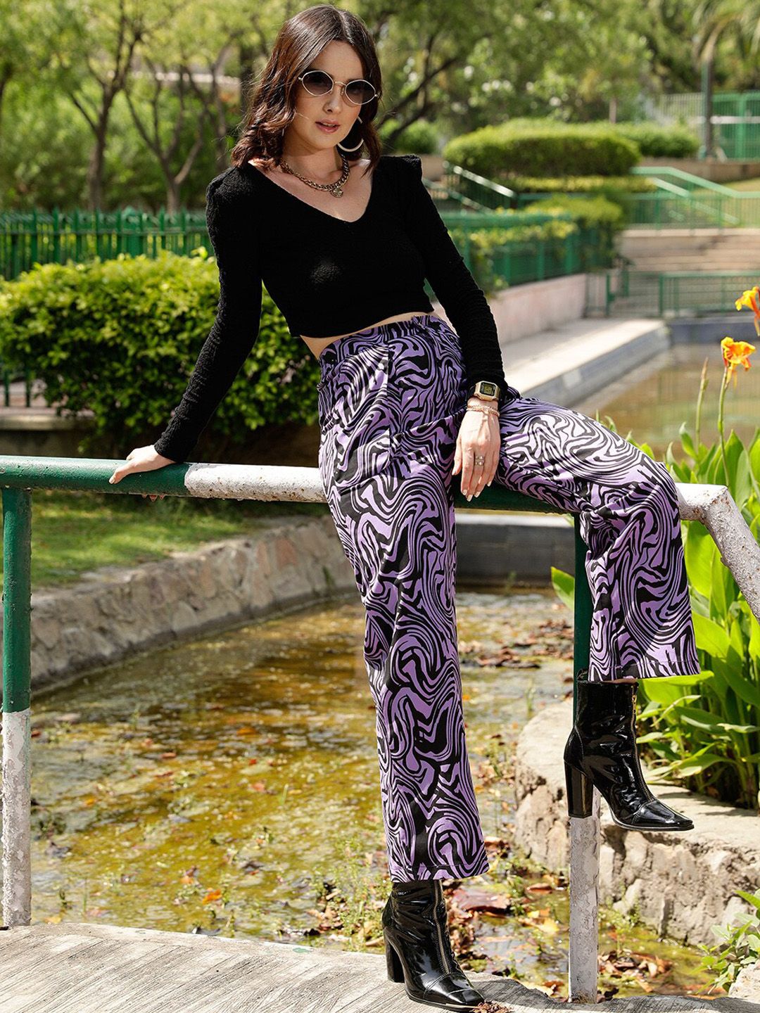 STREET 9 Women Lavender Relaxed Straight Leg Printed Loose Fit Pure Cotton Trousers