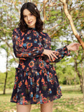 STREET 9 Navy Blue & Orange-Coloured Floral Printed A-Line Mini Dress