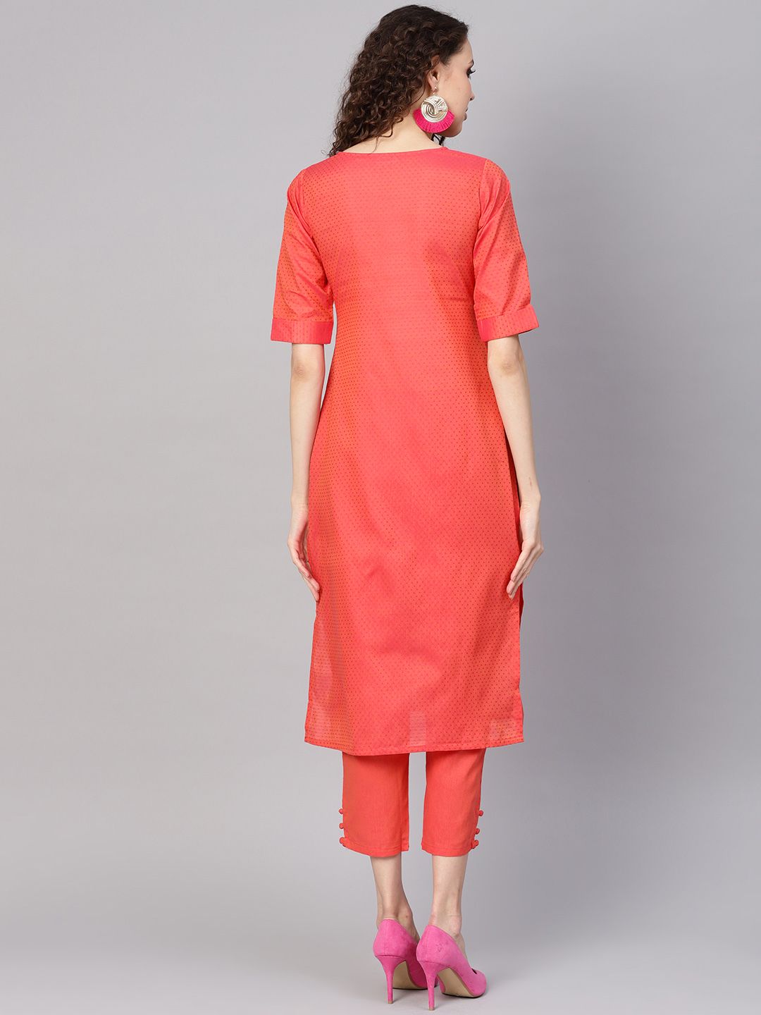 Gerua By Libas Women Coral Red  Pink Self Design Kurta with Trousers