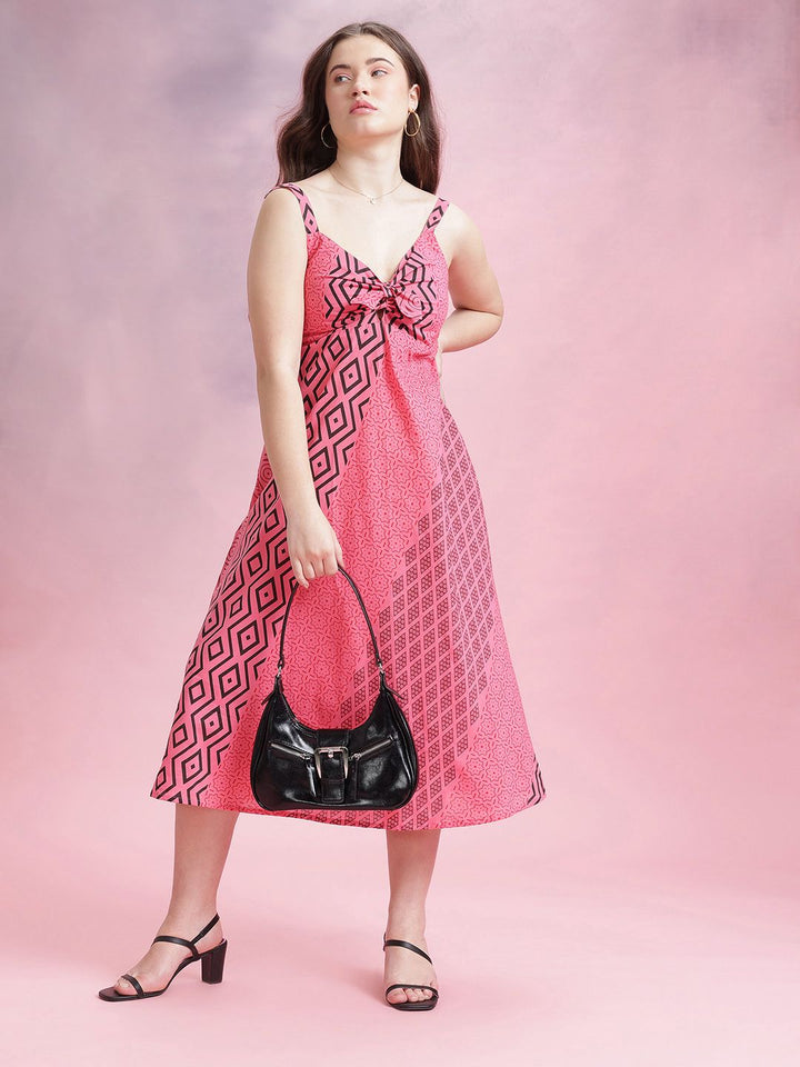 DressBerry Printed Pure Cotton Knot Detail A-Line Midi Dress