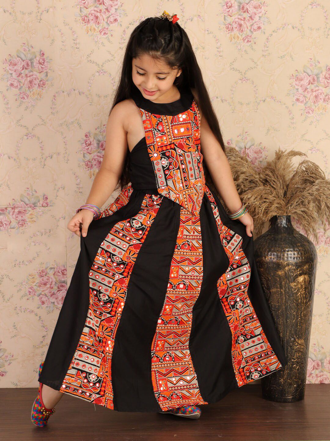 VASTRAMAY Girls Black & Orange Embroidered Patchwork Ready to Wear Lehenga Set